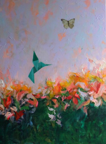 Schilderij getiteld "origami and butterf…" door Tatiana Tarasova, Origineel Kunstwerk, Acryl Gemonteerd op Frame voor houten…