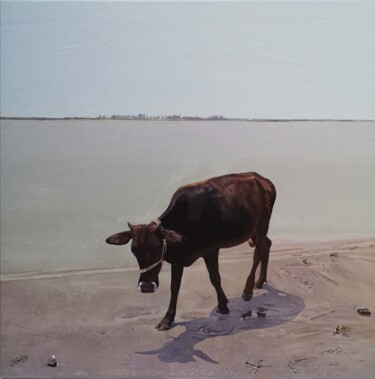 Painting titled "The Cow and the Sto…" by James Earley, Original Artwork, Oil Mounted on Wood Stretcher frame