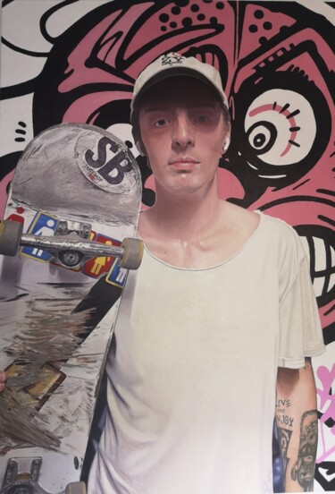 Painting titled "David With Skateboa…" by James Earley, Original Artwork, Oil Mounted on Wood Stretcher frame