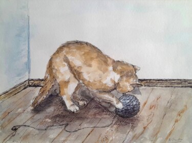 Painting titled "Chat à la pelote" by Raymond Devanthéry, Original Artwork, Watercolor