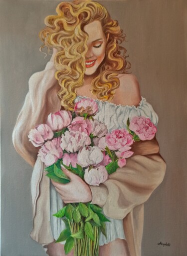 Painting titled "Ritratto con peonie" by Anna Rita Angiolelli, Original Artwork, Oil Mounted on Wood Stretcher frame