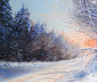 Painting titled "«Зимний лес на расс…" by Iuliia Gorchakova, Original Artwork, Oil Mounted on Wood Stretcher frame