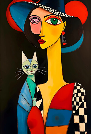 Pittura intitolato "Donna con gatto" da Angelo Mazzoleni, Opera d'arte originale, Acrilico