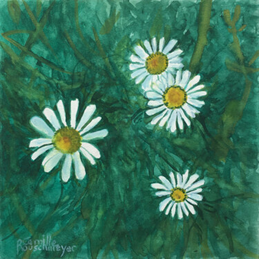 Pintura intitulada "Quatre marguerites" por Camille Rouschmeyer, Obras de arte originais, Aquarela