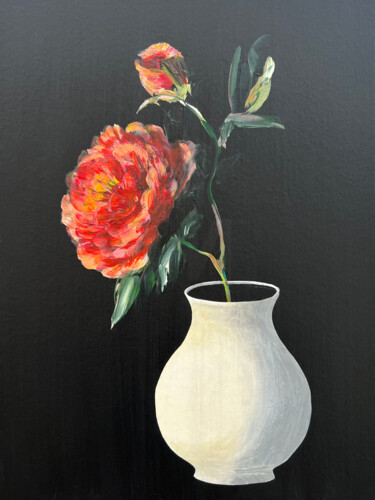 Painting titled "Peony Elegance in W…" by Marina Kozyr, Original Artwork, Acrylic Mounted on Cardboard