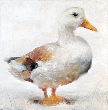 Painting titled "White Duck" by Alena Post, Original Artwork, Oil Mounted on Wood Stretcher frame