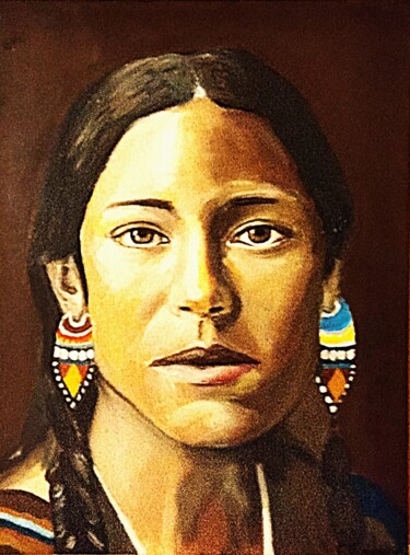 Peinture intitulée "chamane indienne" par Florent Franquelin, Œuvre d'art originale, Huile Monté sur Châssis en bois