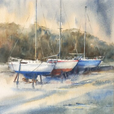 Malerei mit dem Titel "Voiliers au Port de…" von Alice Quillévéré, Original-Kunstwerk, Aquarell