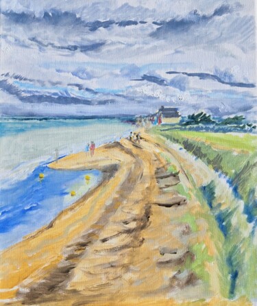 Schilderij getiteld "Plage à Ravenoville." door Martin Jobert, Origineel Kunstwerk, Olie Gemonteerd op Frame voor houten bra…