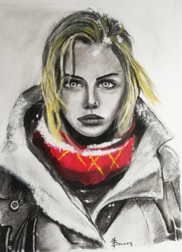 Σχέδιο με τίτλο "portrait de femme 1" από Alain Bouvier, Αυθεντικά έργα τέχνης, Κάρβουνο Τοποθετήθηκε στο Ξύλινο πάνελ