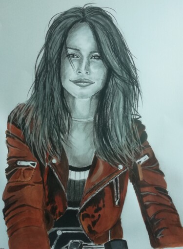 Dibujo titulada "portrait de femme 2" por Alain Bouvier, Obra de arte original, Carbón Montado en Panel de madera