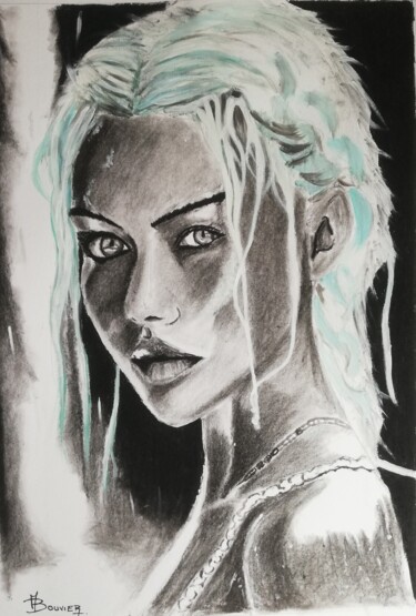 Σχέδιο με τίτλο "portrait de femme 3" από Alain Bouvier, Αυθεντικά έργα τέχνης, Κάρβουνο Τοποθετήθηκε στο Ξύλινο πάνελ