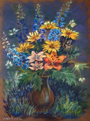 Charm of a Summer Bouquet. Flowers in a Vase. Pastel
