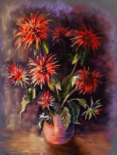 Red Monarda Flowers in a Vase. Pastel Still Life