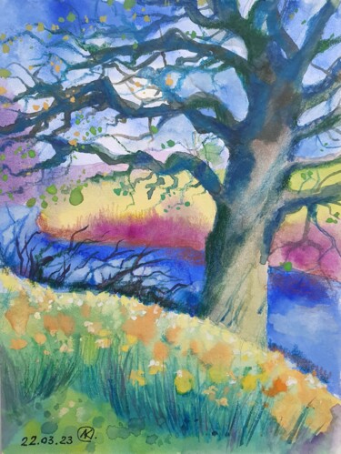 Peinture intitulée "Tree on the riverba…" par Ludmila Kuchina, Œuvre d'art originale, Aquarelle