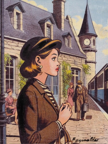 Gravures & estampes intitulée "Attendant le train" par Henri Fagerolles, Œuvre d'art originale, Monotype Monté sur Carton