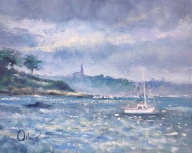 Painting titled "Depuis la plage de…" by David Orban, Original Artwork, Oil Mounted on Cardboard