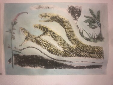 Gravures & estampes intitulée "Cobras royaux 👑" par Yakquiri, Œuvre d'art originale, Linogravures