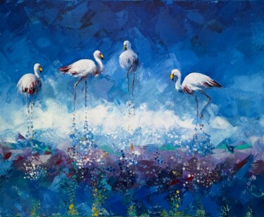 Painting titled "Flamants de James" by Maurice Roche, Original Artwork, Acrylic Mounted on Wood Stretcher frame