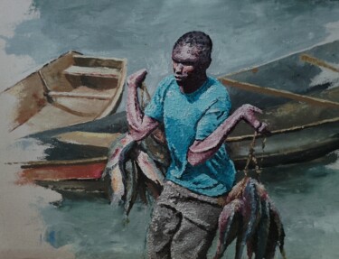 Painting titled "The catch" by Kend, Original Artwork, Acrylic Mounted on Wood Stretcher frame
