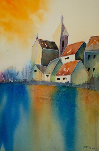 Malerei mit dem Titel "Sobre el riu" von Mtf, Original-Kunstwerk, Aquarell