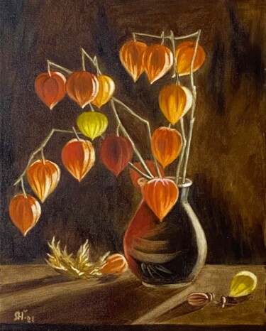 Painting titled "Physalis Still Life…" by Nataliia Yakovenko, Original Artwork, Oil Mounted on Wood Stretcher frame