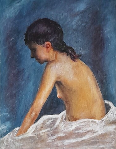 Peinture intitulée "Jeune fille au drap…" par Raymond Devanthéry, Œuvre d'art originale, Huile Monté sur Carton