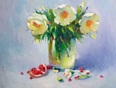 Painting titled "White Flower Bouquet" by Mariya Zhakupova, Original Artwork, Acrylic