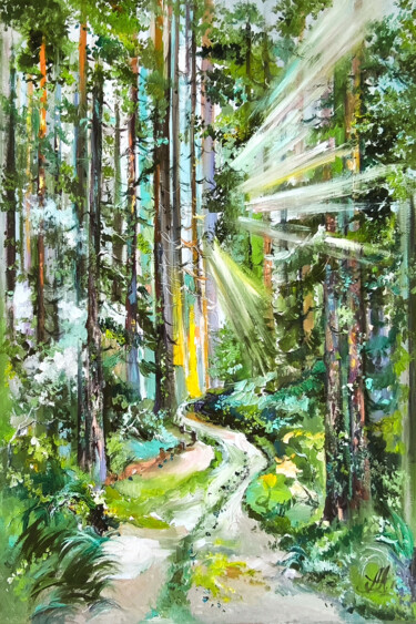 Painting titled "Emerald Glow Forest…" by Annet Loginova, Original Artwork, Oil Mounted on Wood Stretcher frame