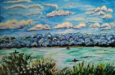 Peinture intitulée ""Summer Fishing on…" par Nadezhda Nikolaeva, Œuvre d'art originale, Acrylique Monté sur Carton