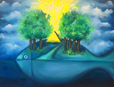 Painting titled ""Wish fish blue pai…" by Nadi Paradox, Original Artwork, Acrylic Mounted on Wood Stretcher frame