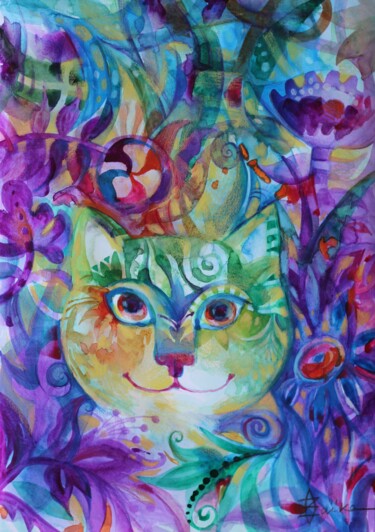 Peinture intitulée "Chat exotique" par Oxana Zaika, Œuvre d'art originale, Aquarelle