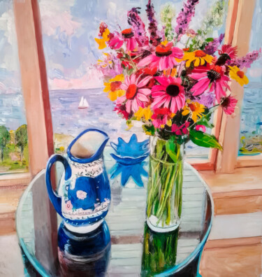 Painting titled "Sunlit Flowers by W…" by Mariya Zhakupova, Original Artwork, Oil