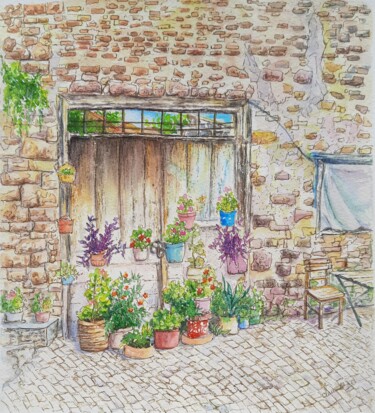 Schilderij getiteld "Peaceful Street" door Fineartderya, Origineel Kunstwerk, Aquarel