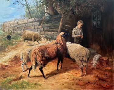 Malarstwo zatytułowany „Boy with apple amon…” autorstwa Prokaj Dávid, Oryginalna praca, Olej Zamontowany na Drewniana rama n…