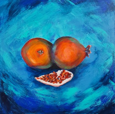 Painting titled "Pomegranates Still…" by Eugenia Chicu Touma, Original Artwork, Acrylic Mounted on Wood Stretcher frame