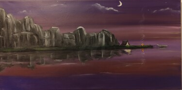 Painting titled "Nuit sur la rivière…" by Y.Oranzh, Original Artwork, Acrylic Mounted on Wood Stretcher frame