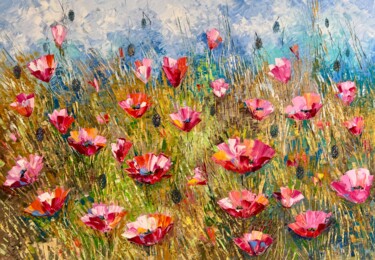 Painting titled "Poppy Field Origina…" by Nataliya Rozhdestvenskaya, Original Artwork, Oil Mounted on Wood Stretcher frame