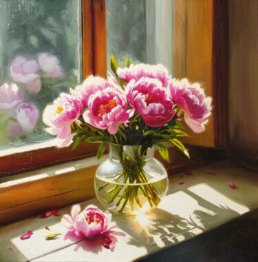 Painting titled "Pink Peonies in Sun…" by Mariya Zhakupova, Original Artwork, Oil