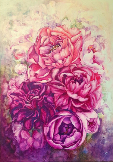 Painting titled "happy peonies pink…" by Evgenia Rod Borovikova, Original Artwork, Acrylic