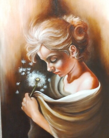 Pintura titulada "Bimba con soffione" por Artesam, Obra de arte original, Oleo Montado en Bastidor de camilla de madera