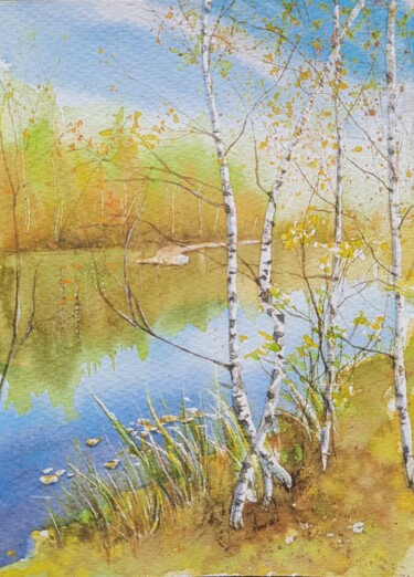 Schilderij getiteld "Autumn Landscape 2" door Fineartderya, Origineel Kunstwerk, Aquarel