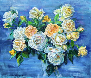 Painting titled "White roses origina…" by Simanolya, Original Artwork, Oil Mounted on Wood Stretcher frame