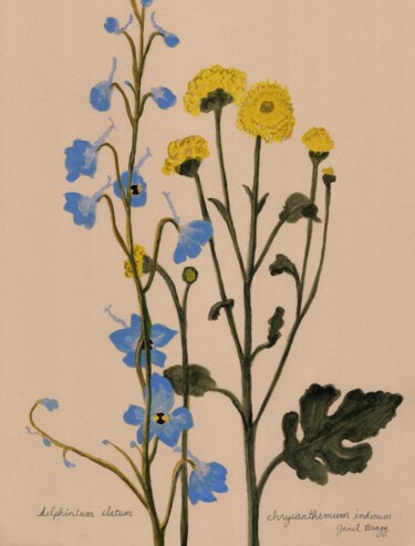 Botanical with Blue Delphinium and Yellow Mums