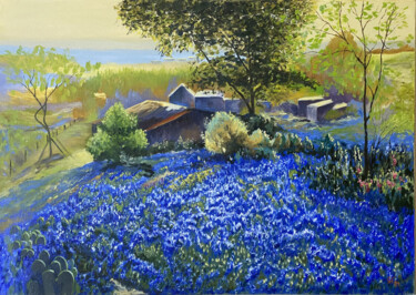 Peinture intitulée "Blue Meadow Landsca…" par Nataliia Yakovenko, Œuvre d'art originale, Huile Monté sur Châssis en bois