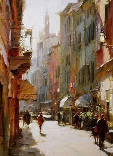 Painting titled "Cityscape in Retro…" by Lara Vald, Original Artwork, Oil Mounted on Wood Stretcher frame