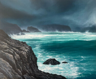 Painting titled "tempête sur la côte…" by Christophe Allender, Original Artwork, Oil Mounted on Wood Stretcher frame