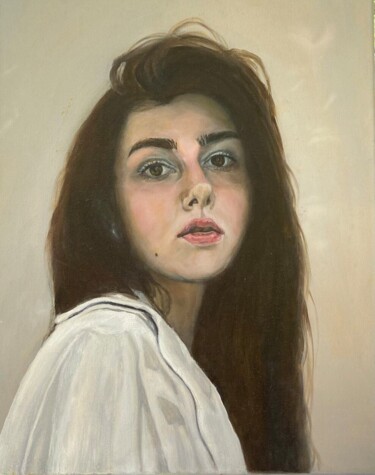 Painting titled "Minimalist Portrait…" by Lyubov Popova, Original Artwork, Oil Mounted on Wood Stretcher frame