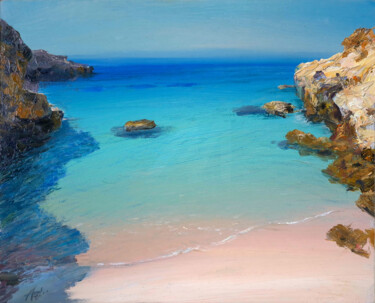 Painting titled "Tranquil Beach with…" by Artem Bilobrovskyi, Original Artwork, Oil Mounted on Cardboard