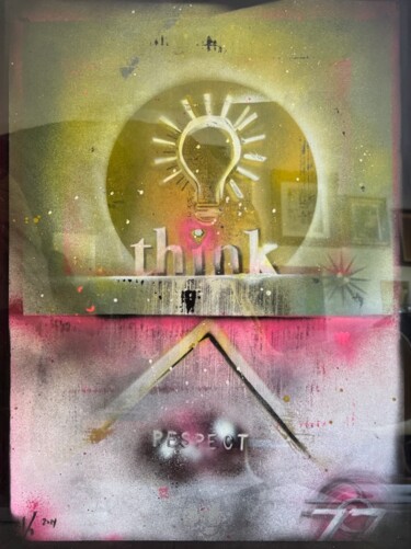 Painting titled "Think, Respect" by Alistair Maclain Stiegmann, Original Artwork, Spray paint Mounted on Wood Stretcher frame